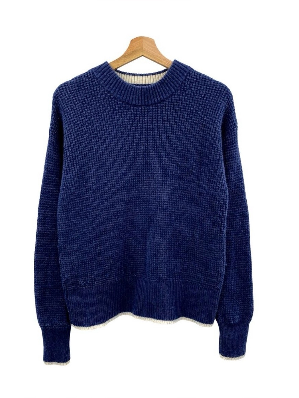 Faherty blue gray trim wool waffle knit sweater